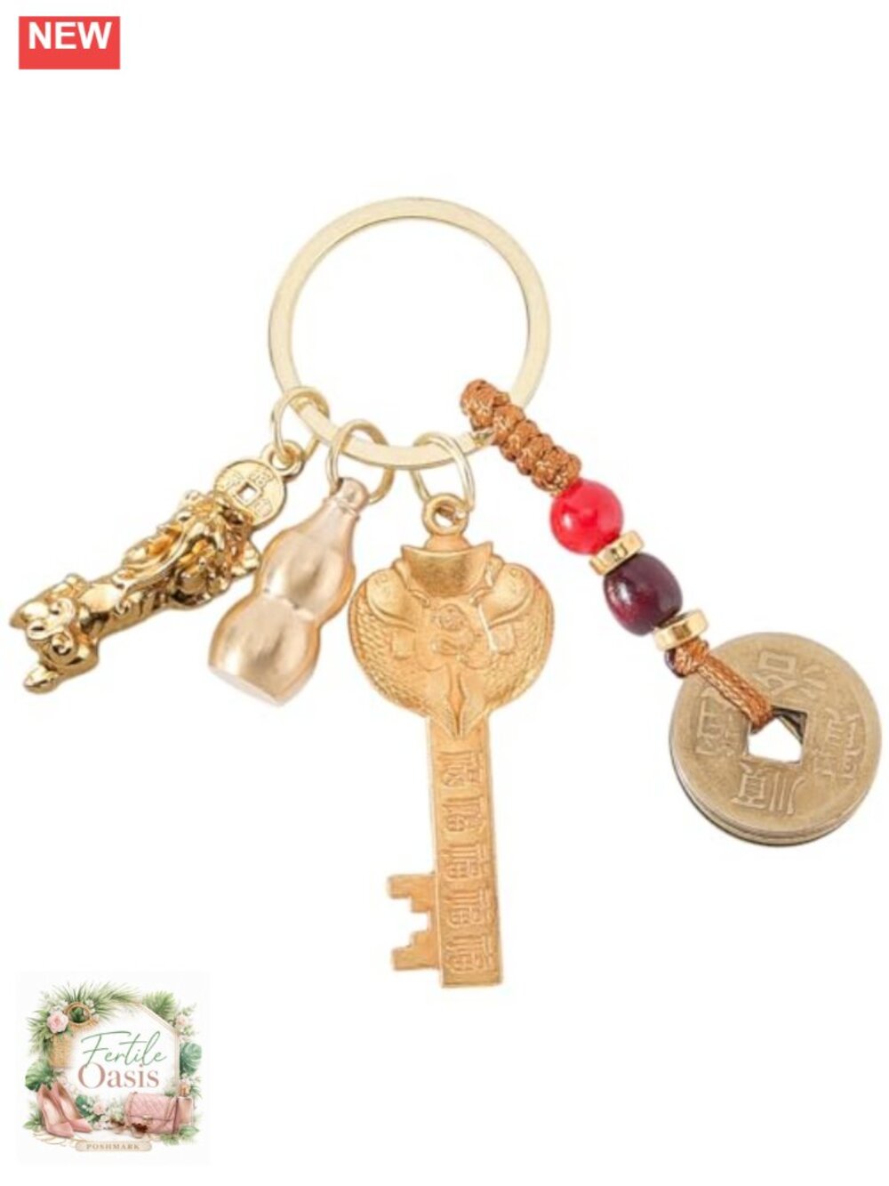 Feng Shui Coin Keychain Money Bag Charm Good Luck Gourd Dragon Brass Keychain